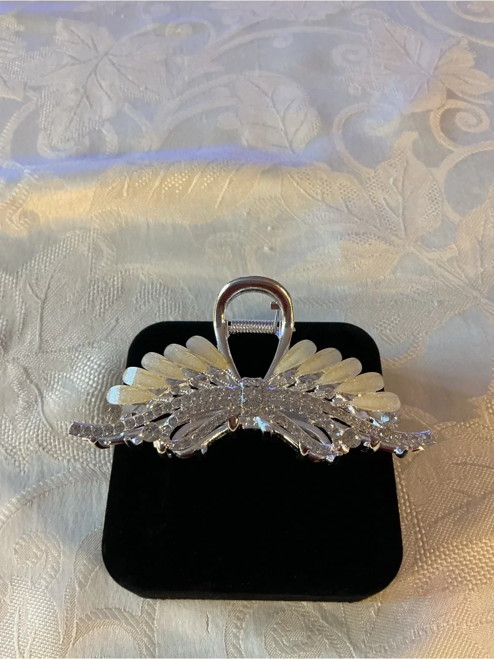 Pearlescent Acrylic and Rhinestone Silver Tone Decorative Claw Clip